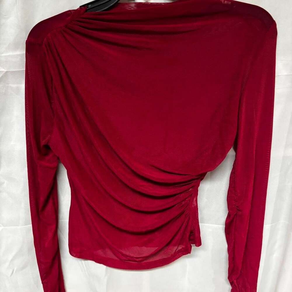 RoseSeek Women's Red Mesh Long Sleeve Ruched Top